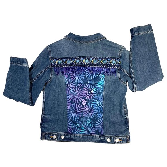 Boho Artisan Denim Jacket Embellished Beaded Floral Artsy Chic Country Glam - Picture 6 of 13
